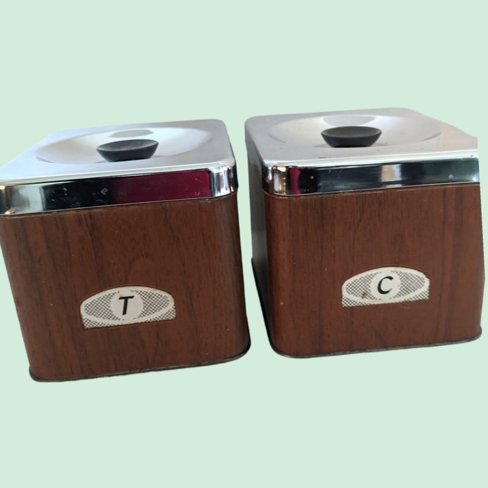 Vintage Coffee and Tea Tins Storage containers faux wood pattern & steel x2